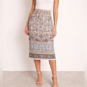 Charter Club Floral-Print Midi Skirt in Beige and Blue,100%linen size:8petite
